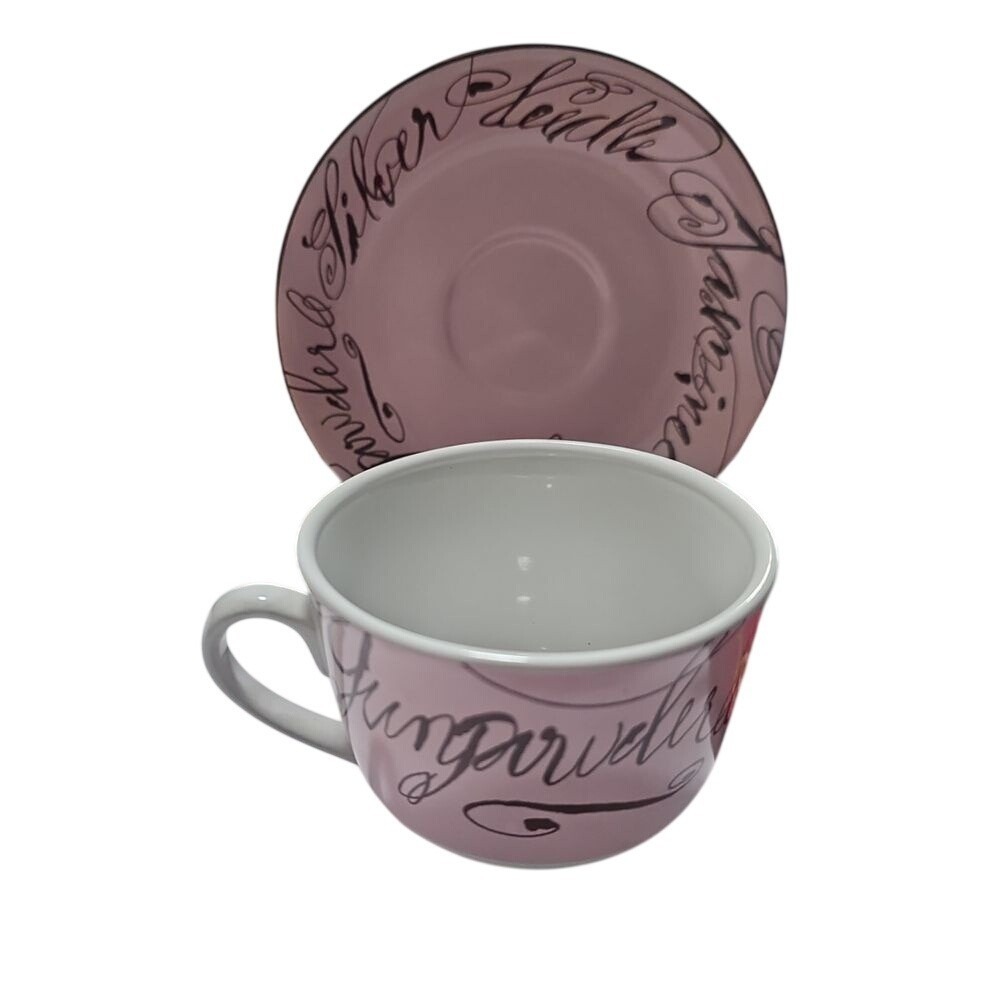 Rosanna Elegant Pink Calligraphy Tea Cup and Saucer Set Romantic Script Design‎